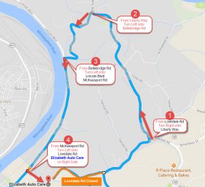 Bellebridge Rd Detour Elizabeth Auto Care Use this detour route when coming in from McKeesport, Boston, Buena Vista, Lincoln, Liberty Borough, and Elizabeth Twp during the Lovedale Rd closure